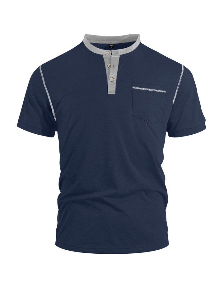 Men's short-sleeve band collar shirt with button placket, chest pocket, and flatlock seams StylebySassy