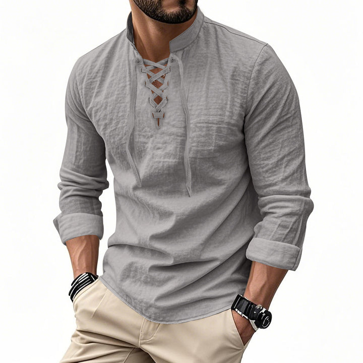 Men's casual sailor-style shirt with stand collar and lace-up front StylebySassy