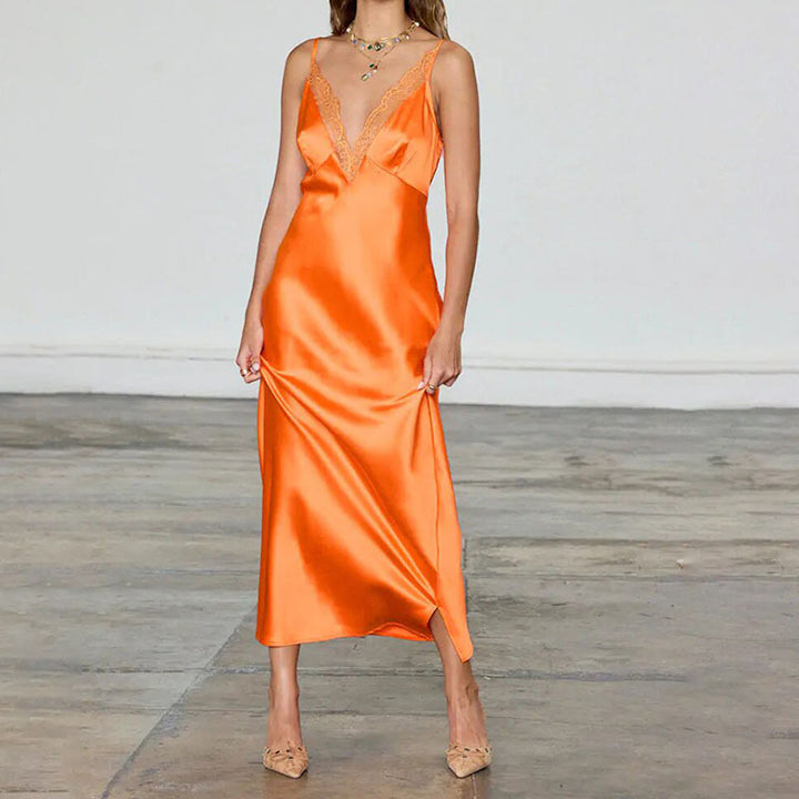 Ladies Elegant Satin Maxi Dress with Transparent Lace StylebySassy