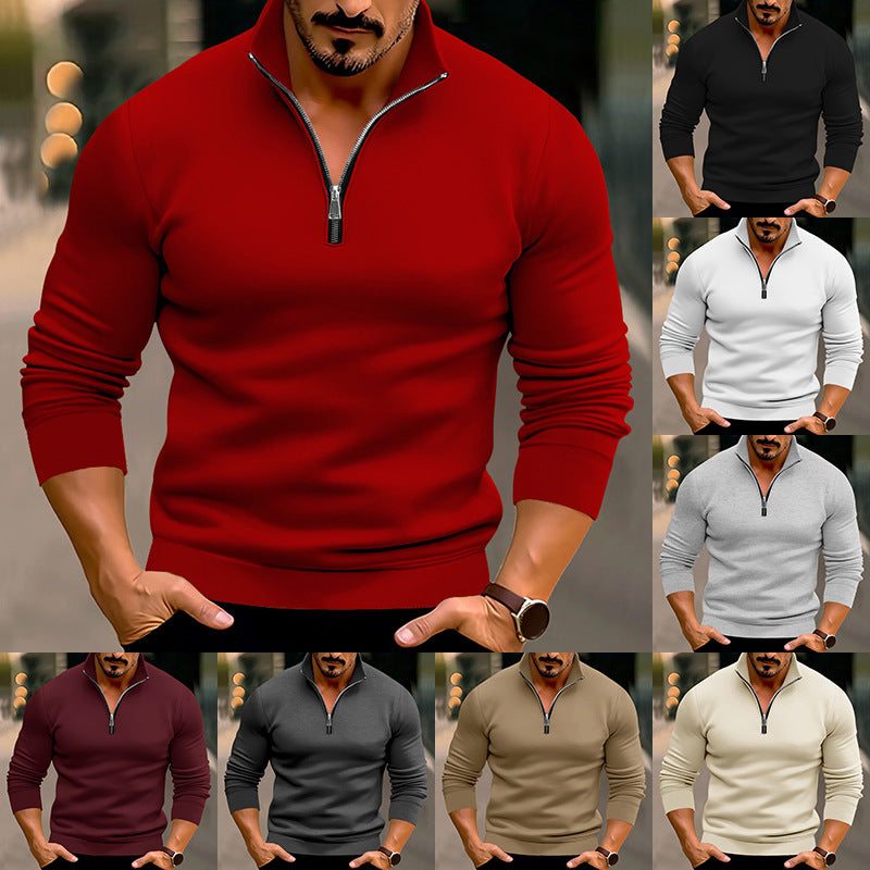 Men's fitted fine knit pullover with short zipper and stand-up collar StylebySassy