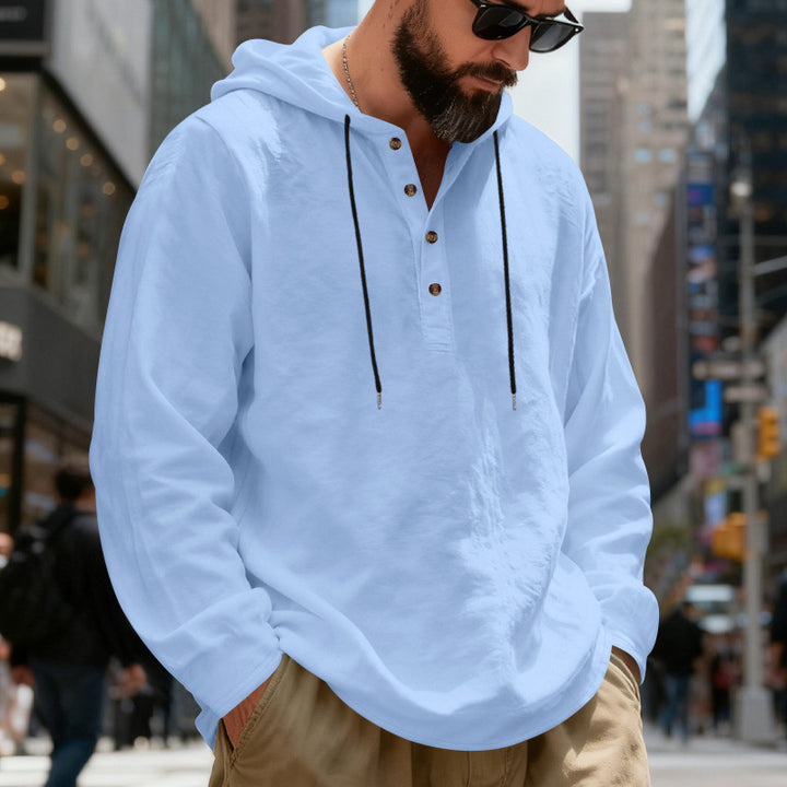 Men's lightweight hooded shirt with button placket made of linen blend and relaxed fit StylebySassy