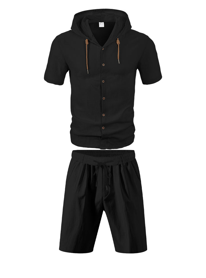 Men's lightweight summer hoodie in linen look with continuous button placket and drawstring StylebySassy