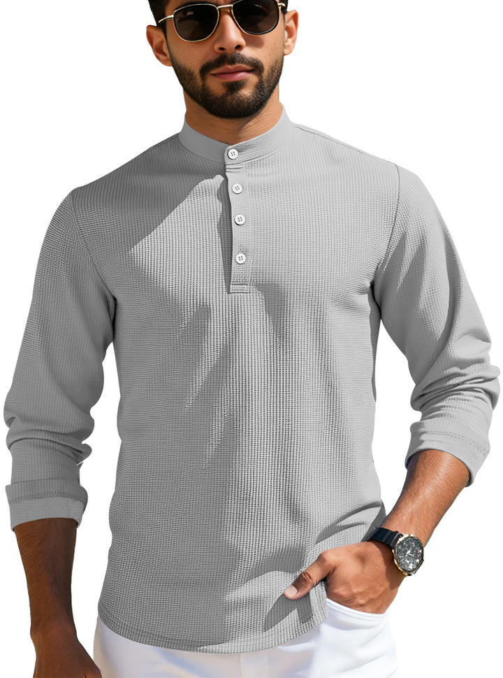 Men's structured long-sleeve henley with Nehru collar and tone-on-tone button placket StylebySassy