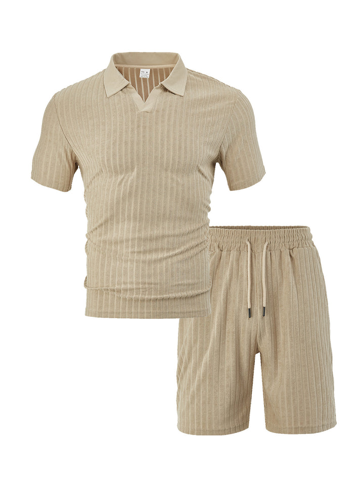 Men's knit lounge ensemble with polo collar V-insert and drawstring bermudas StylebySassy