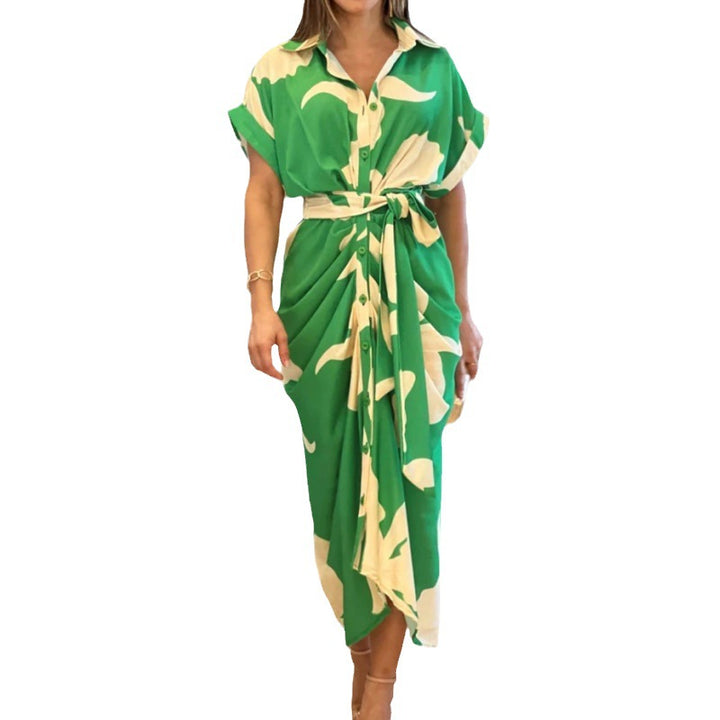 Women’s draped shirt midi dress with waist tie belt, side draping and button placket StylebySassy