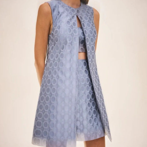 Women nan Jacquard two-piece with sleeveless long vest and fitted bustier mini dress StylebySassy