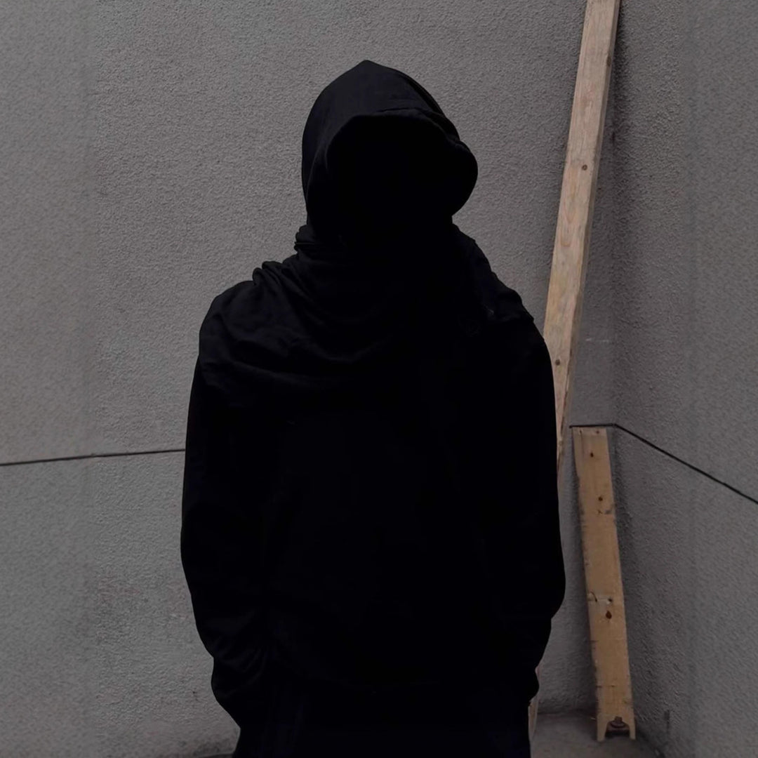 Unisex hooded pullover in usage marks style with attached tube scarf and frayed openings StylebySassy