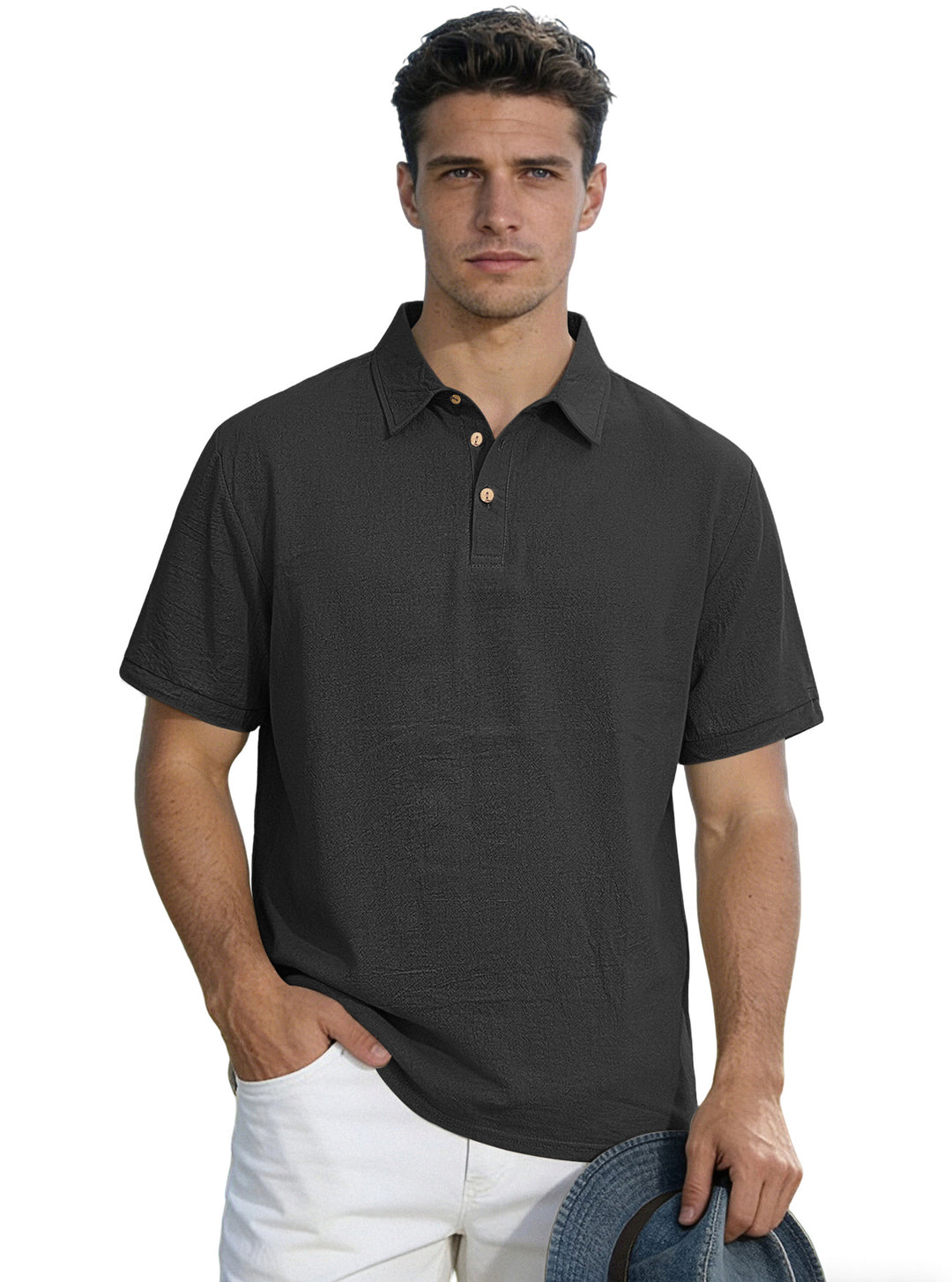 Men's short-sleeve polo with shirt collar, short button placket and structured cotton blend StylebySassy