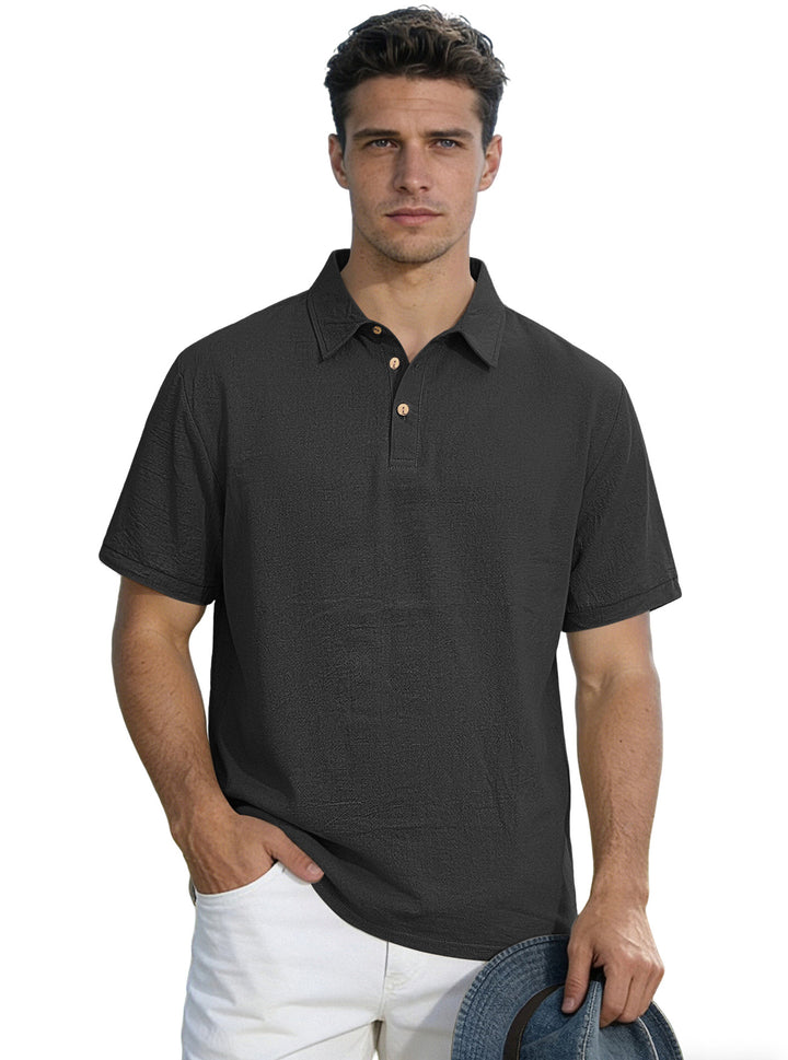 Men's short-sleeve polo with shirt collar, short button placket and structured cotton blend StylebySassy