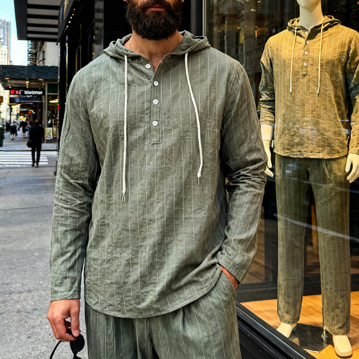 Men's linen blend hoodie shirt with half button placket and pinstripes StylebySassy