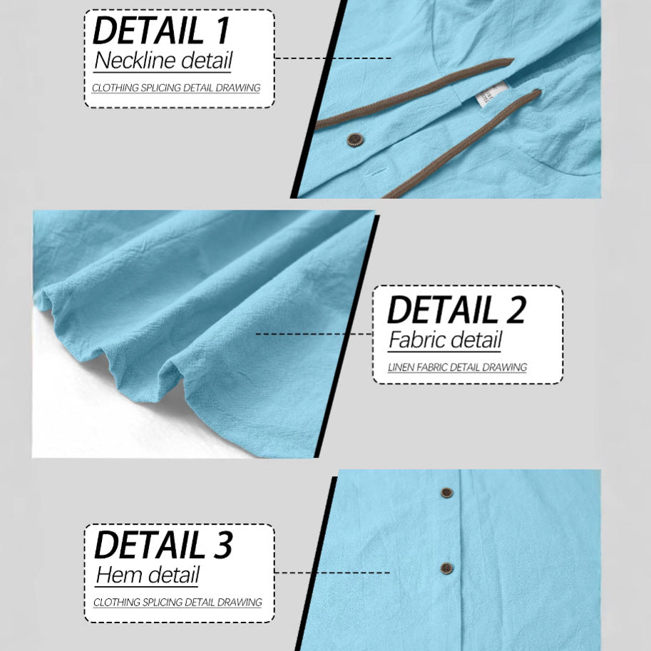 Men's lightweight summer hoodie in linen look with continuous button placket and drawstring StylebySassy