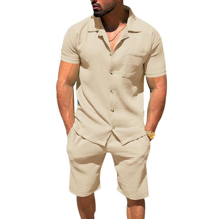 Men's casual two-piece leisure set made of ribbed jersey with shirt collar button placket and shorts StylebySassy