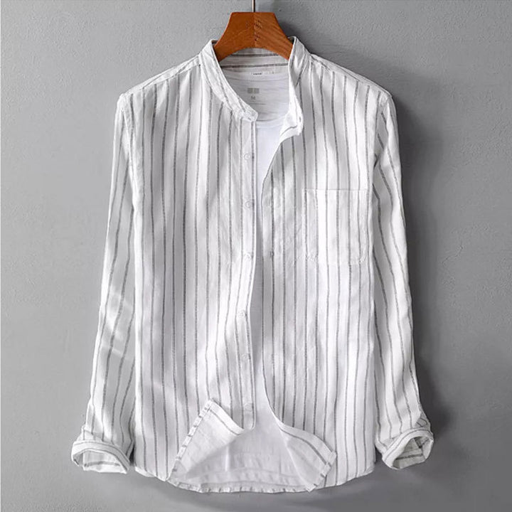 Men's casual striped stand-up collar shirt made of linen-cotton mix with chest pocket StylebySassy