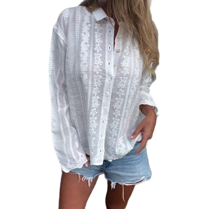 Women nan embroidered blouse with floral openwork embroidery, pearl button placket and casual oversized fit StylebySassy