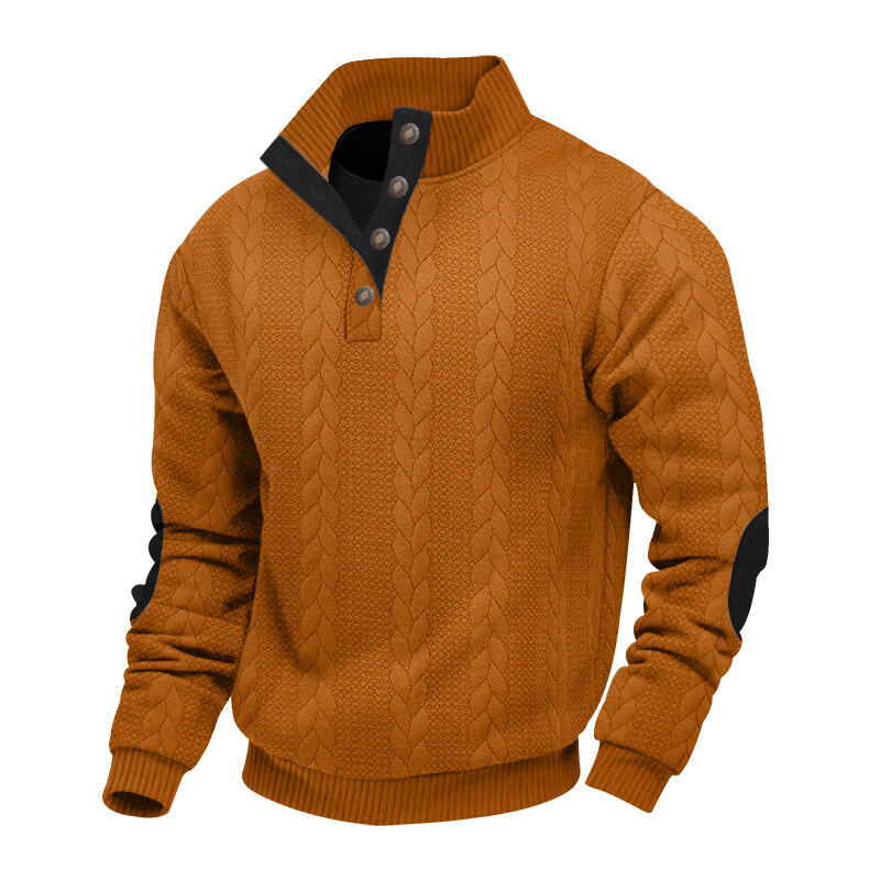 Men's chunky cable knit Troyer with button placket and suede elbow patches StylebySassy