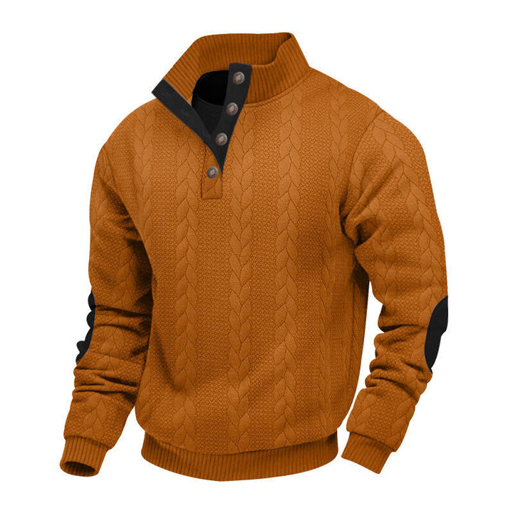 Men's chunky cable knit Troyer with button placket and suede elbow patches StylebySassy