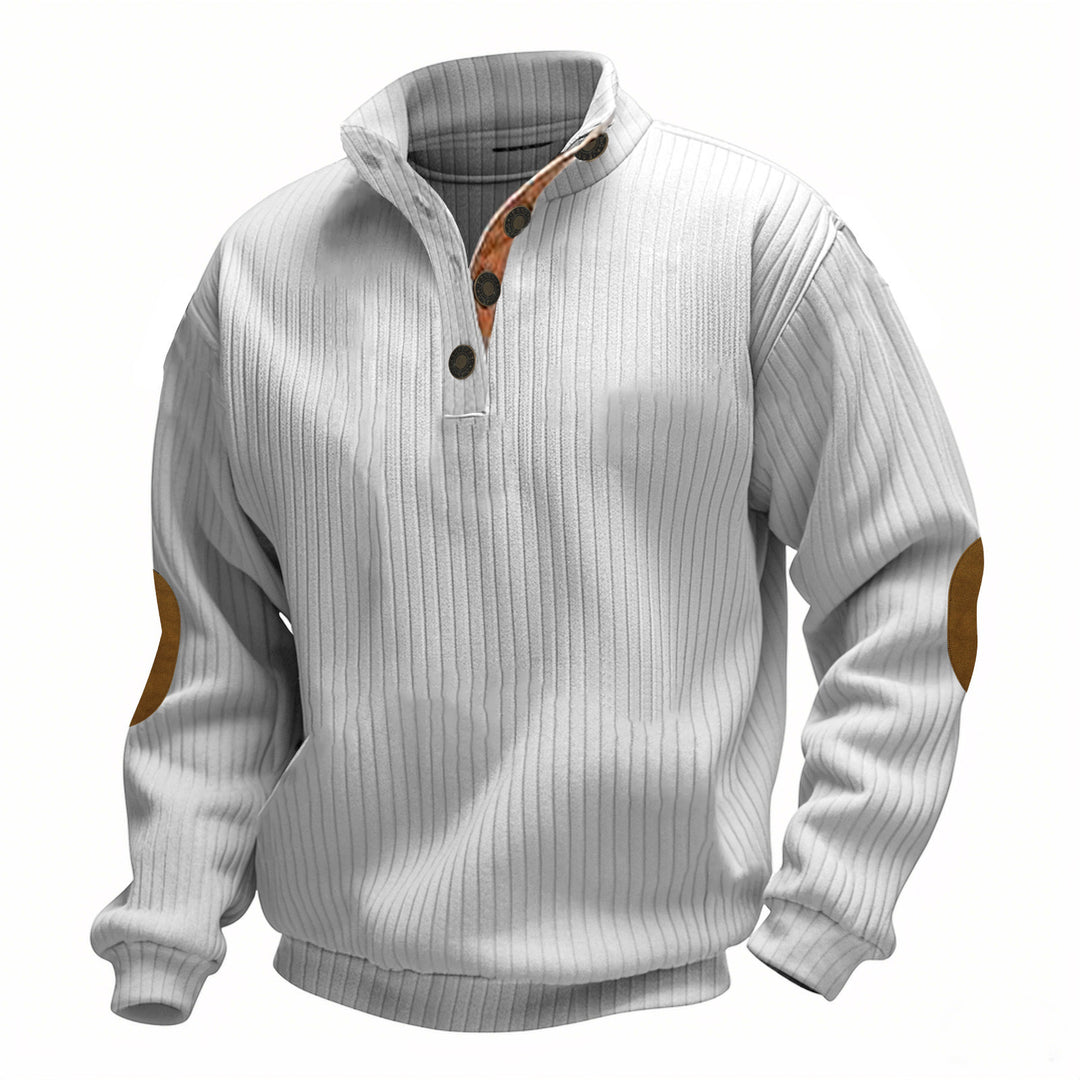 Men's cable knit turtleneck with stand-up collar, half button placket, and contrasting leather applications StylebySassy