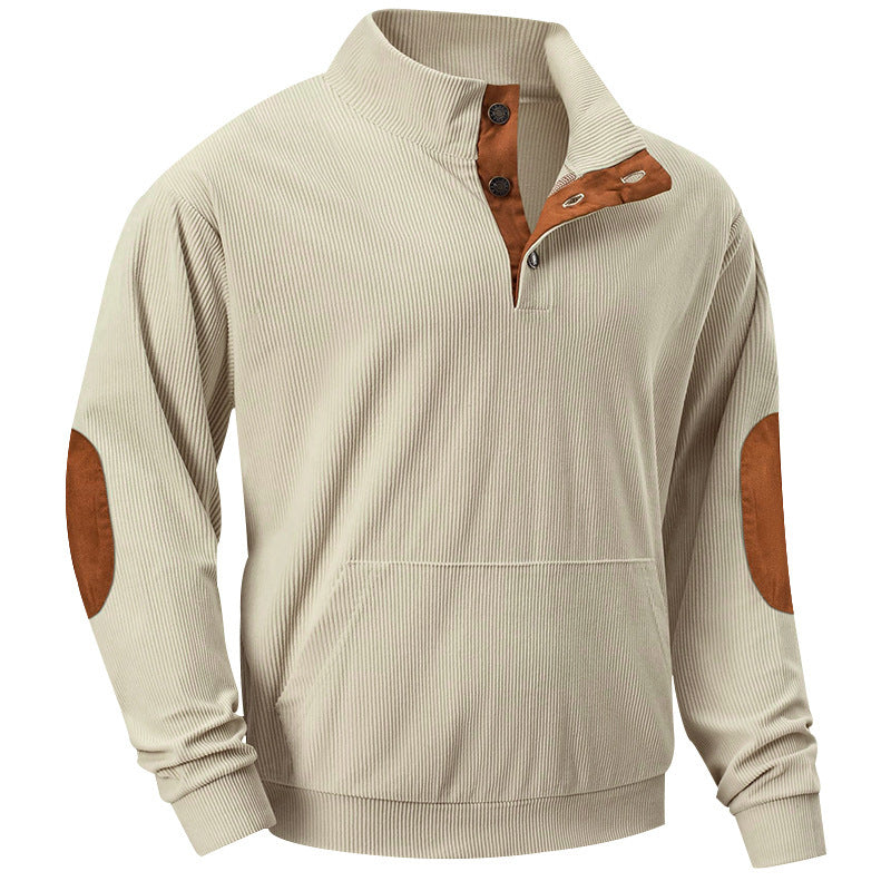 Men's knitted stand-up collar sweatshirt with button placket, kangaroo pocket and velvet elbow patches StylebySassy