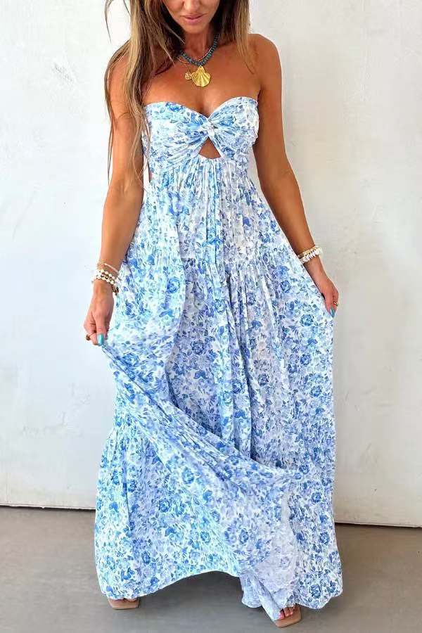 Ladies' strapless twisted bustier maxi dress with cut-out and multi-layered tiered skirt in lightweight crinkle quality StylebySassy