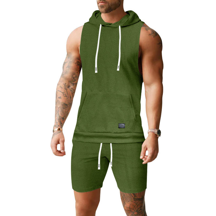 Men's sleeveless hoodie vest set made of textured cotton blend with kangaroo pocket and drawstring shorts StylebySassy