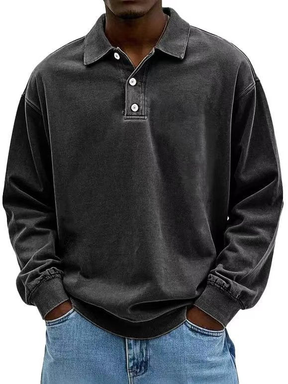 Men's casual polo shirt sweatshirt with collar, vintage wash and three-piece button placket StylebySassy