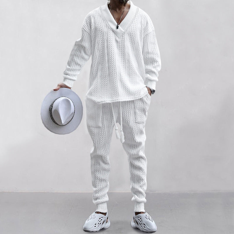 Men's comfortable cable knit set with deep V-neck, drawstring joggers and cuff StylebySassy