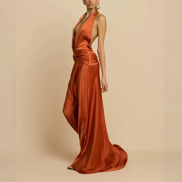 Ladies Elegant Maxi Dress with Deep V-Neck and Refined Draping StylebySassy