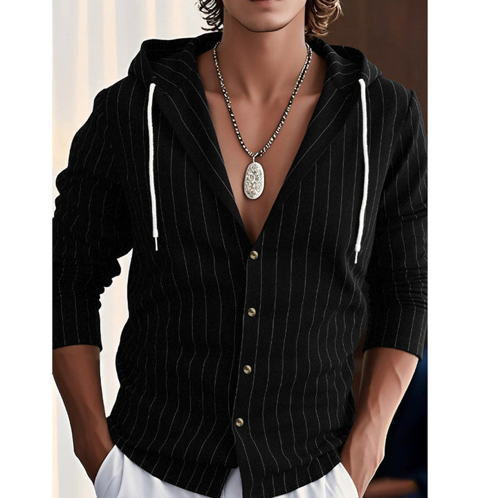 Men's modern hooded shirt with slim fit, continuous button placket, and fine pinstripe structure StylebySassy