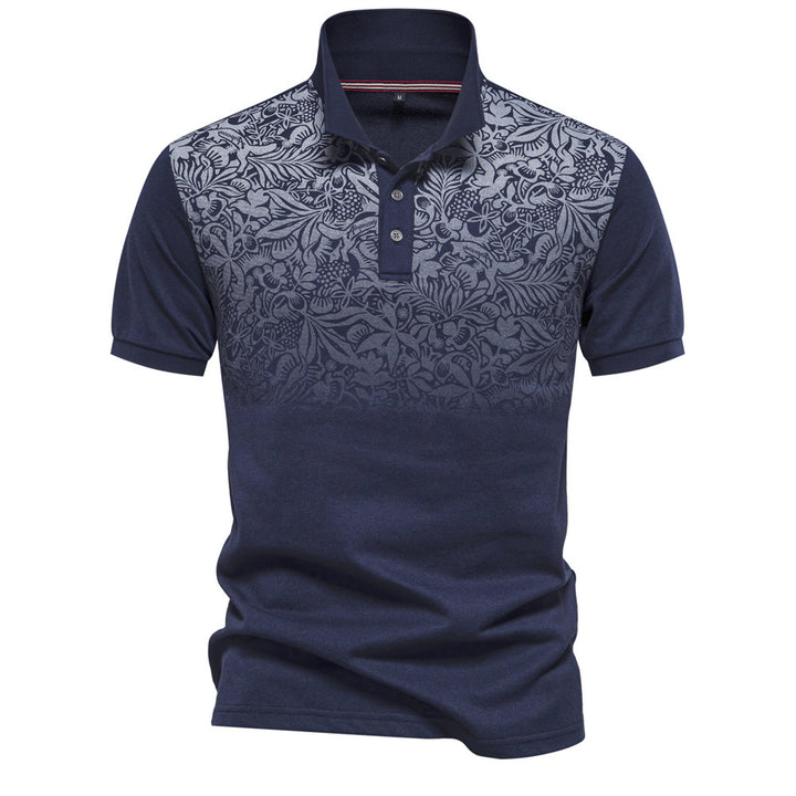 Men's polo shirt with floral gradient pattern, Kent collar and subtle button placket StylebySassy