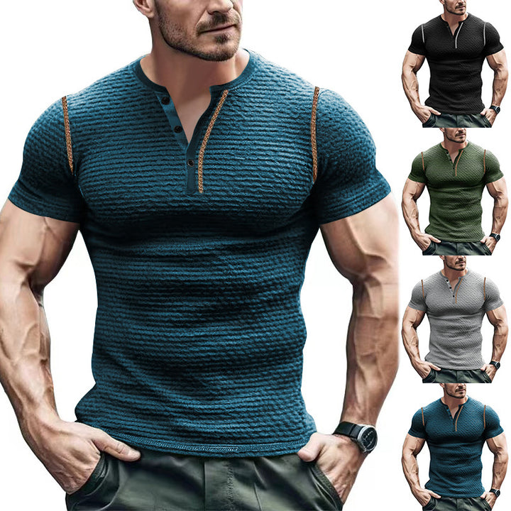 Men's body-hugging structured short-sleeve Henley with contrasting shoulder piping StylebySassy