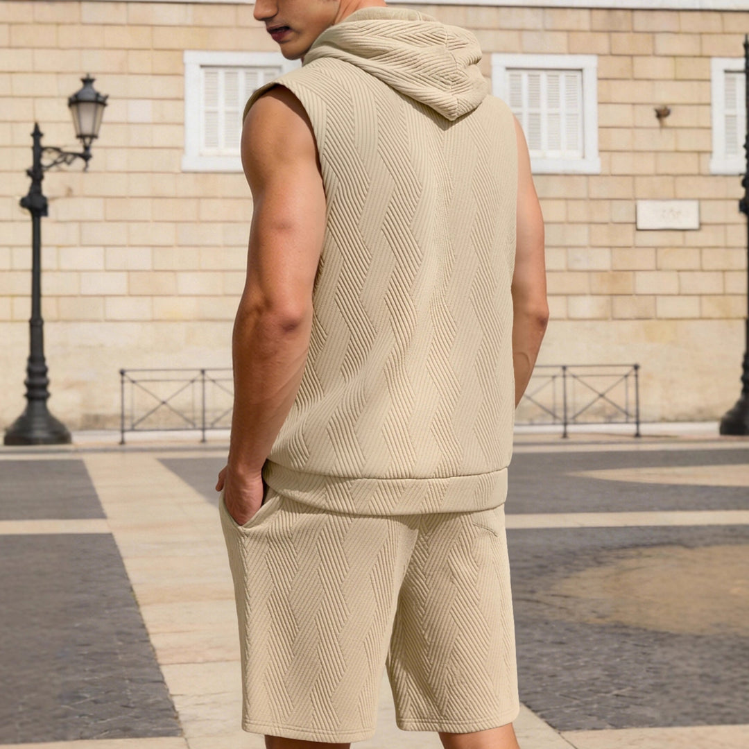 Men's sleeveless hoodie lounge set made of textured cotton blend with kangaroo pocket and elastic leisure pants StylebySassy