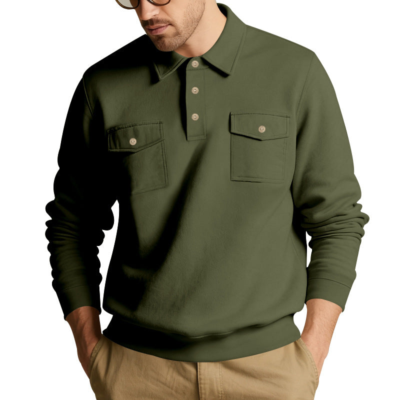 Men's polo collar sweatshirt with patch chest pockets and ribbed cuffs StylebySassy