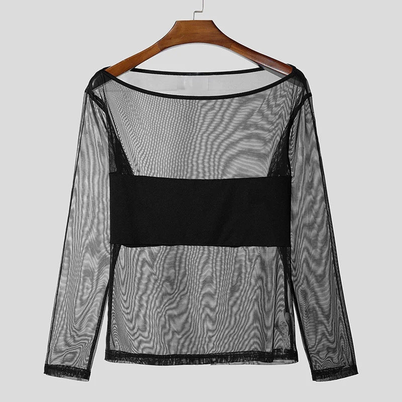 Ladies' sheer mesh long sleeve top with opaque chest band and wide round neckline StylebySassy