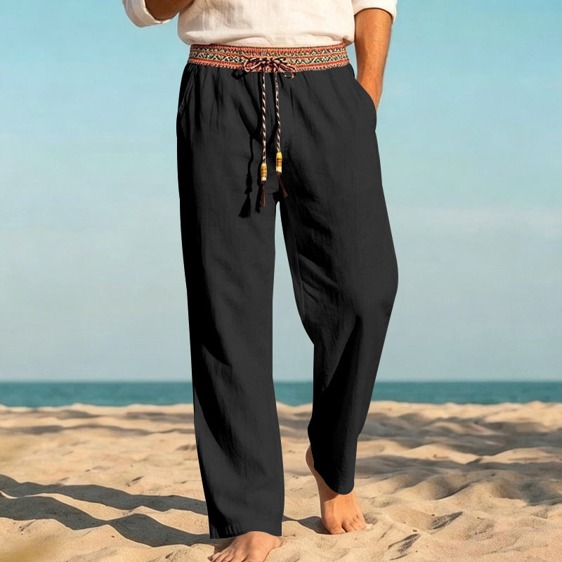 Men's summer relaxed pants with woven decorative waistband and straight leg StylebySassy