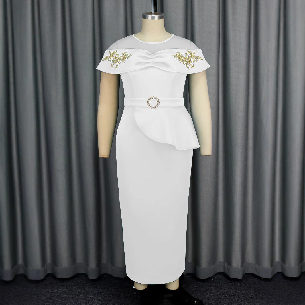 Women Elegant Maxi Dress with Transparent Sleeves and Decorative Appliqués StylebySassy