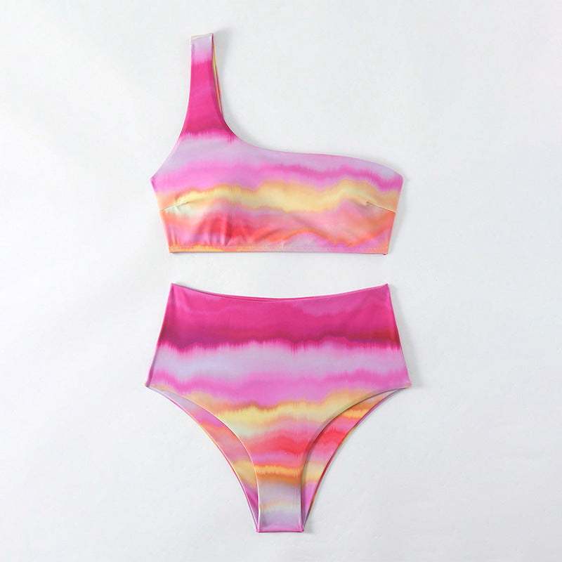 Women High-Waisted Bikini Set with Asymmetrical Top and Colorful Gradient StylebySassy