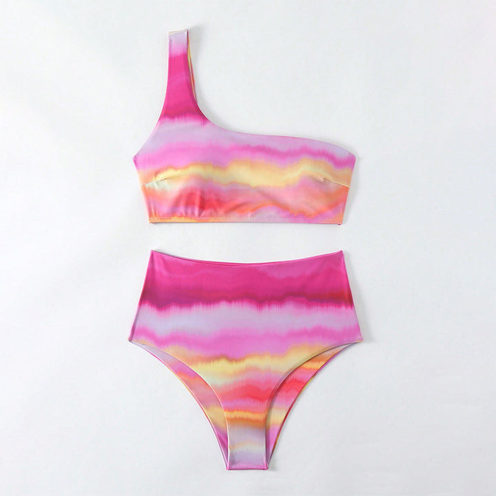 Women High-Waisted Bikini Set with Asymmetrical Top and Colorful Gradient StylebySassy