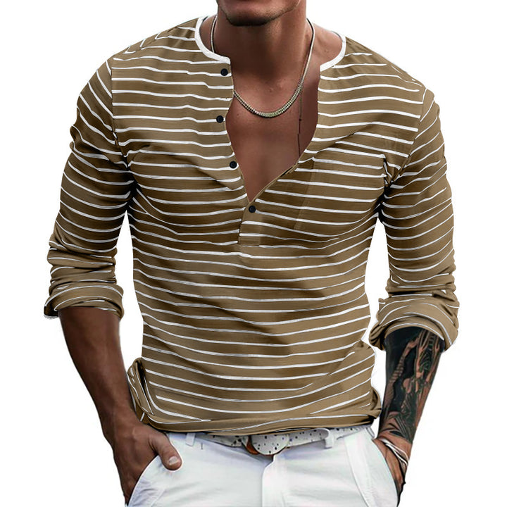Men's striped long-sleeve shirt with short button placket, round neckline, and subtle chest pocket StylebySassy