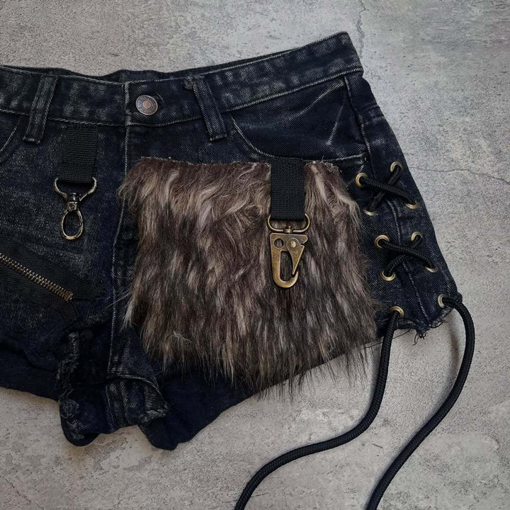 Ladies fashionable denim shorts with unique lacing details and faux fur appliqué StylebySassy