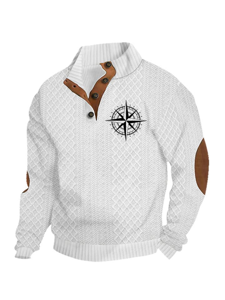 Men's nan Heritage textured pullover with stand-up collar faux leather trim elbow patches and half-button placket StylebySassy