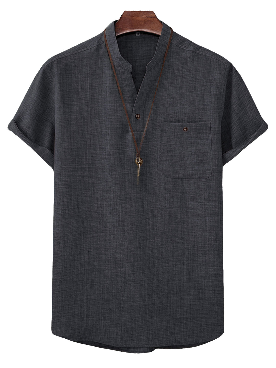 Men's casual Mandarin-style short-sleeve shirt with half-button placket, patch chest pocket, and rounded hem StylebySassy
