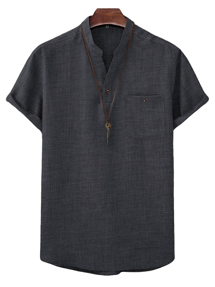 Men's casual Mandarin-style short-sleeve shirt with half-button placket, patch chest pocket, and rounded hem StylebySassy