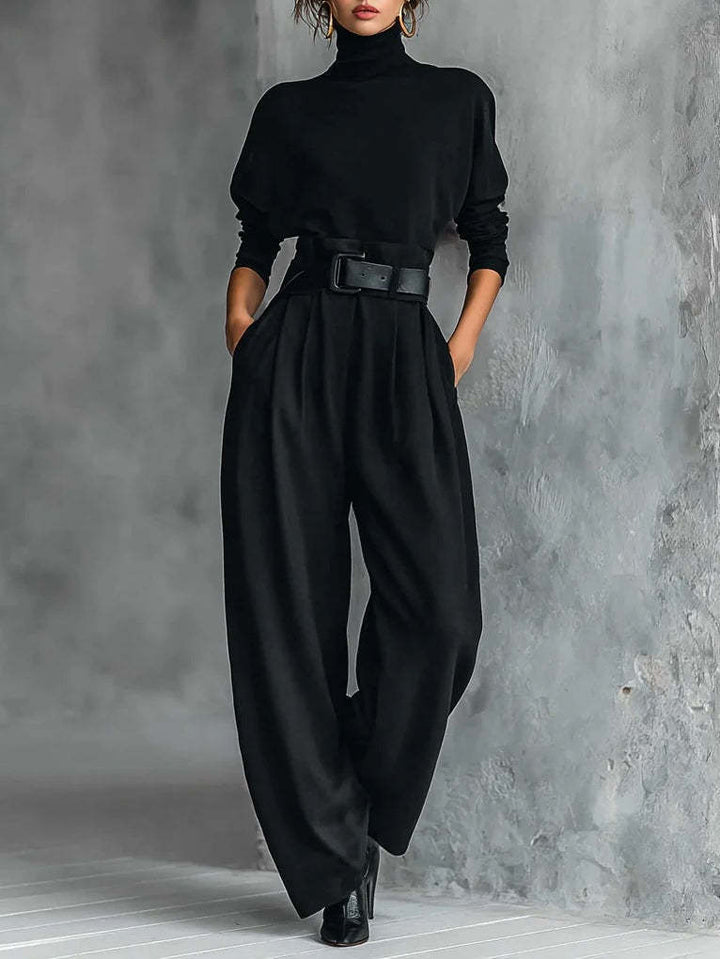Ladies high-cut elegant pleated trousers with wide leg and roll-neck fine-knit top StylebySassy