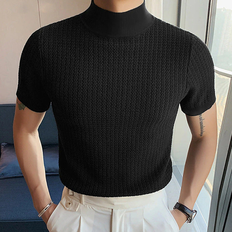 Men's short-sleeve stand-up collar fine knit shirt with fine ribbed structure StylebySassy