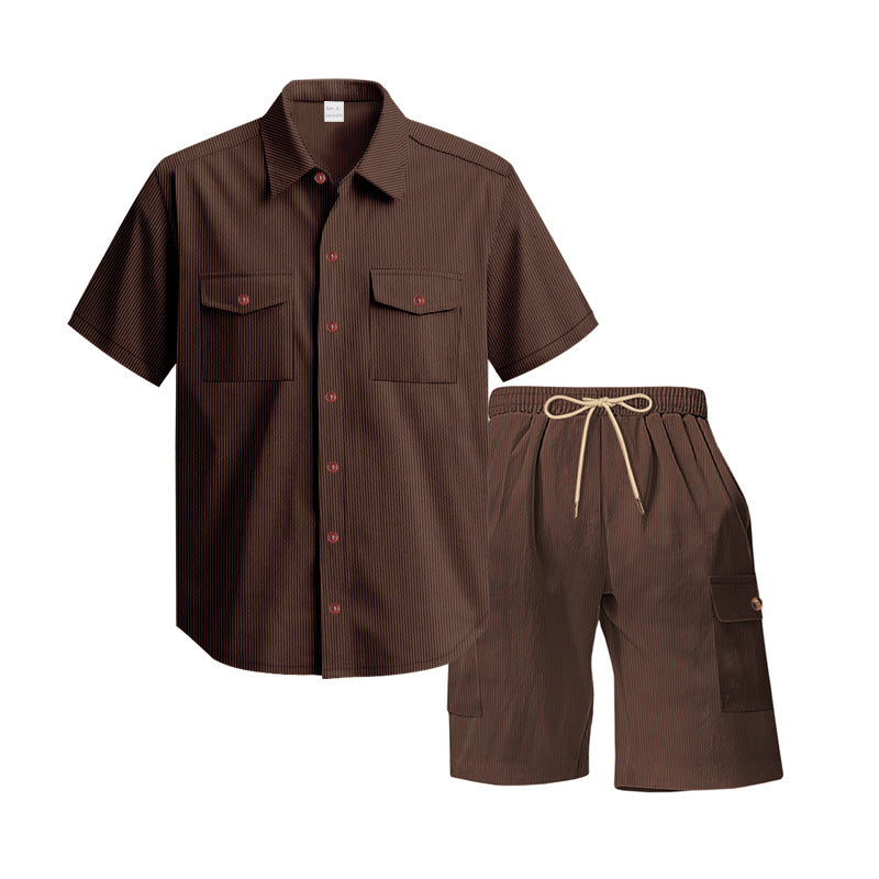 Men's structured short-sleeve shirt and bermuda set with flap pockets and elastic waistband StylebySassy