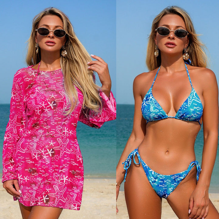 Women's beach dress with long sleeves and charming shell pattern StylebySassy