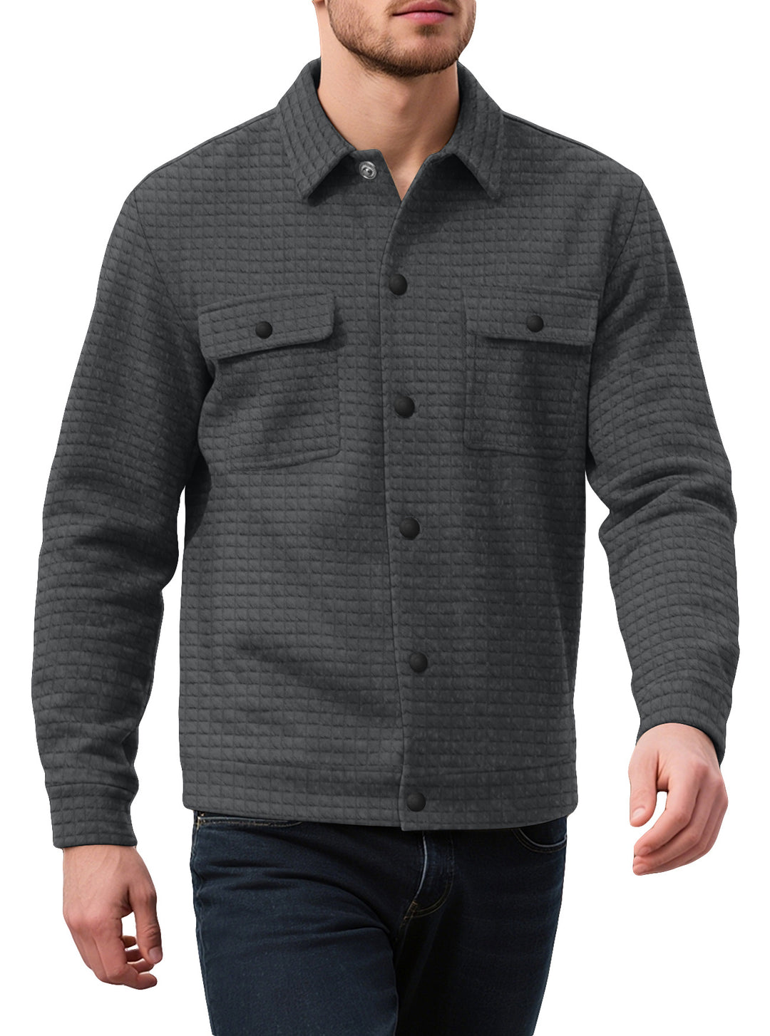 Men's shirt jacket with square quilted structure, snap front and chest flaps StylebySassy