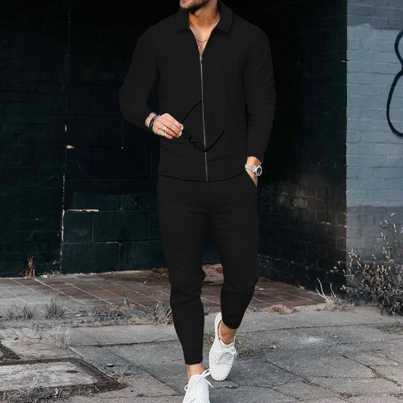 Men's casual waffle texture tracksuit with shirt collar, concealed zipper and drawstring pants StylebySassy