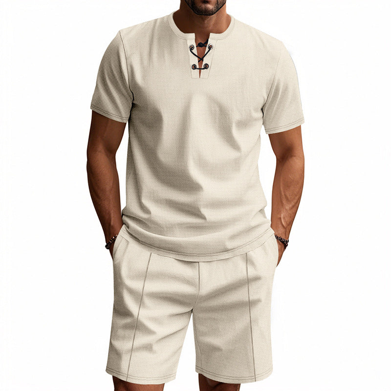 Men's short-sleeved lace-up collar shirt in waffle jersey with pleated Bermuda StylebySassy