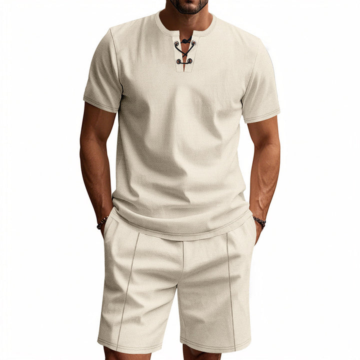 Men's short-sleeved lace-up collar shirt in waffle jersey with pleated Bermuda StylebySassy